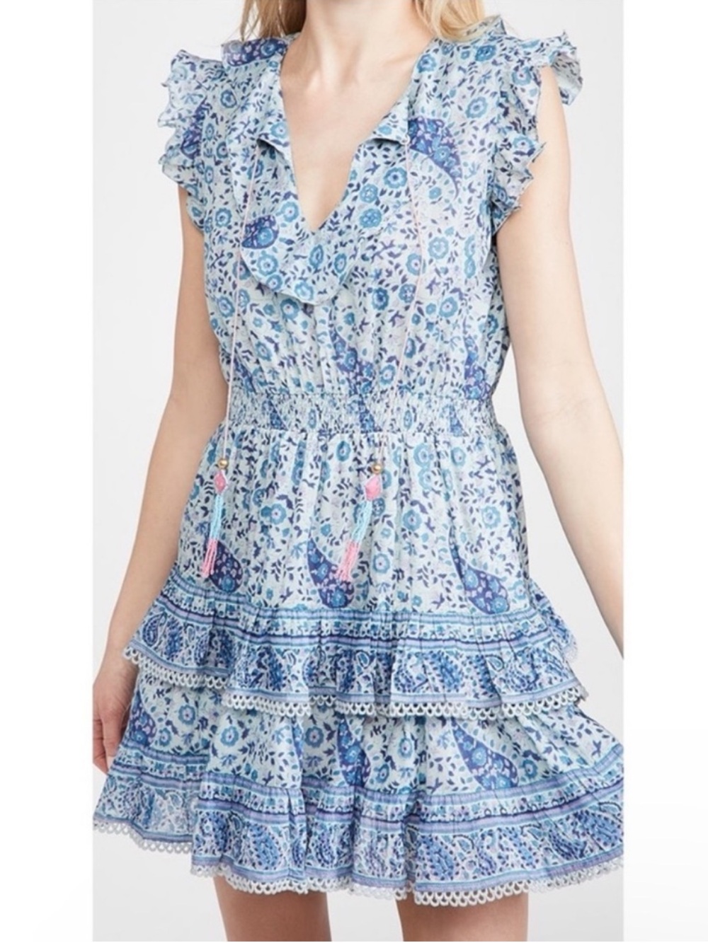 Bell by Alicia Bell Rebecca Floral Print Ruffle Dress Silk Blend Blue Size XS